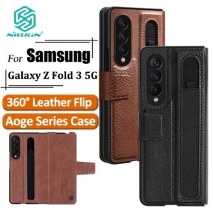 Samsung Galaxy Z Fold 3 & 4 High End Nillkin Aoge 360 Degress Leather Flip Wallet Case with Magnetic Flip Lock and Stylus Pen Slot