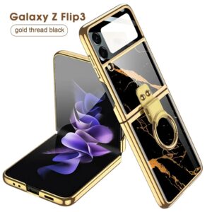 Luxury Premium Marble Patterned Shockproof Armor Ring Case For Samsung Galaxy Z Flip 3&4 With Hinge Protection 360 Degree Case with Built-in Screen Protector
