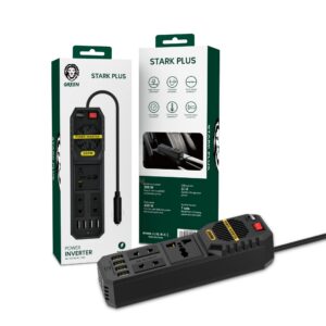 Green Stark Plus Car Power Inverter 200W with 4 USB-A Ports 3.1A Quick Charge, DC 12V to AC 220V and Built-in Cooling Fan - Black