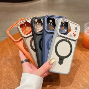 Hard Matte Magsafe Case with Triangle Camera Protection Design and Magnetic Kickstand Ring Cover for iPhone 17 Pro and 17 Pro Max